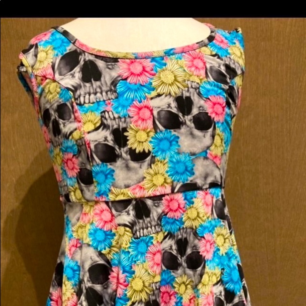 HOT TOPIC Size XL Fit & Flare Dress Black Pink Blue Floral Skulls Sleeveless